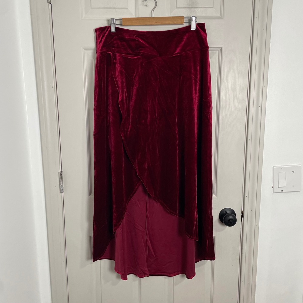 Halara‎ Velvet Maxi Skirt Women XL Red High Low Wrap Front Holiday Whimsigoth